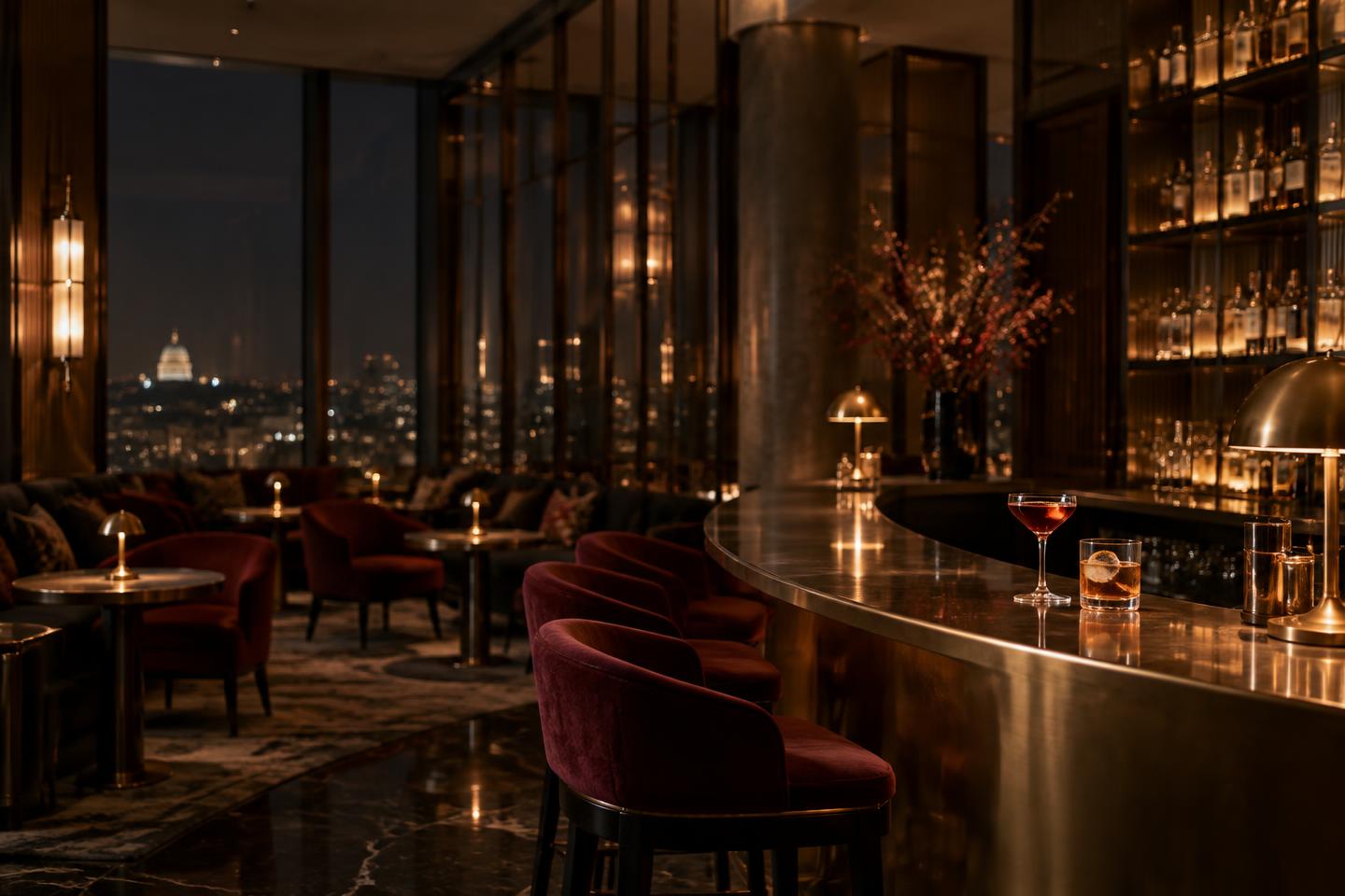 A refined Delhi cocktail bar at night